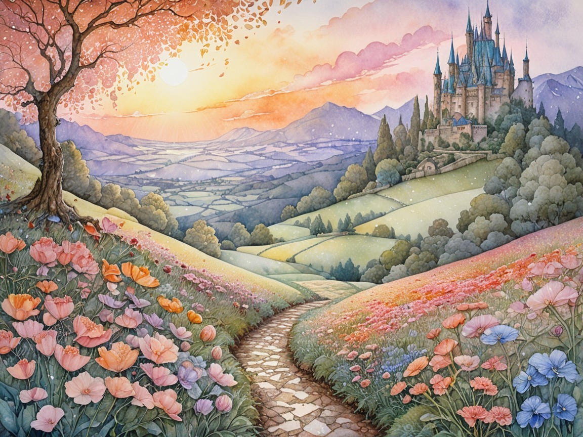 vibrant watercolor fantasy landscape at sunset