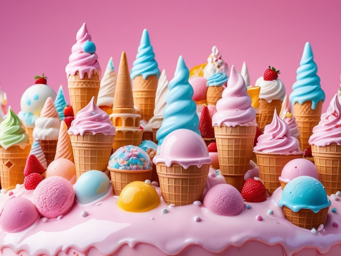 Colorful Ice Cream Cones and Scoops on Pink Background