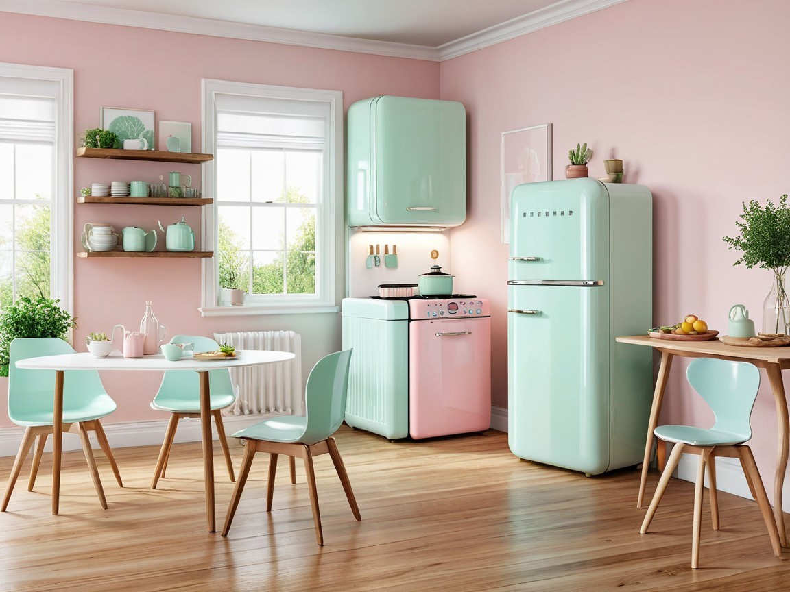 Pastel-Themed Kitchen with Retro Appliances and Decor