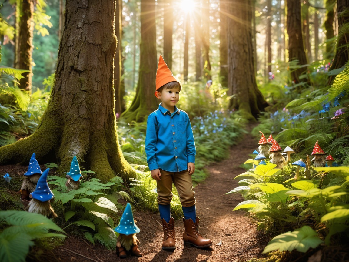 Young boy in orange hat exploring sunlit forest path