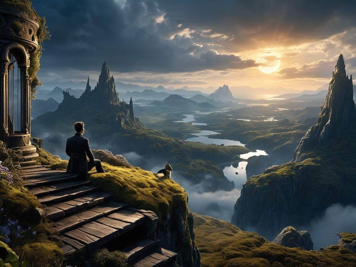 Figure on Stone Steps Overlooking Mountain Landscape