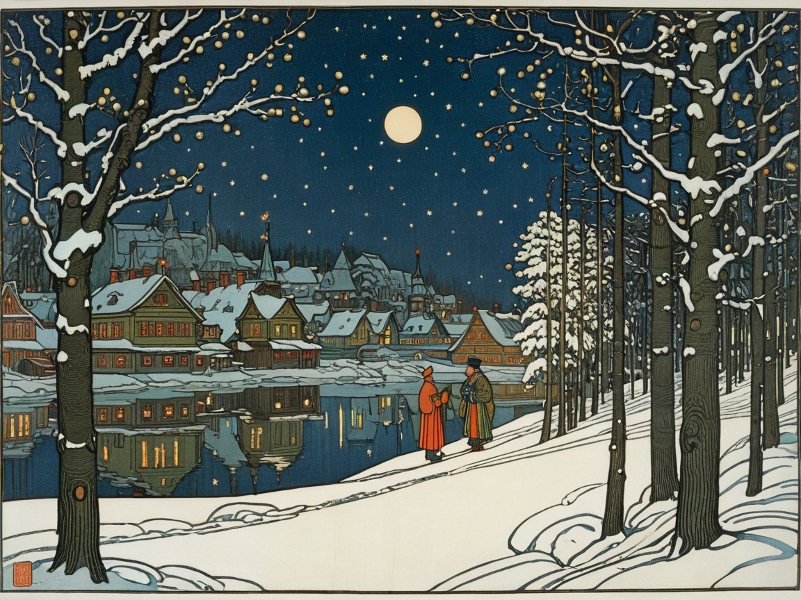 Winter Scene with Figures by a Reflective Lake