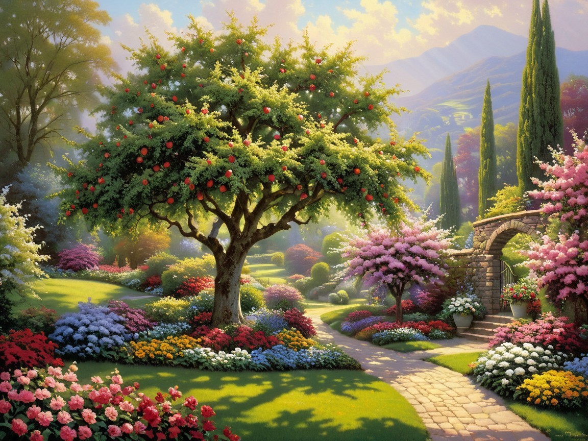 Vibrant Garden Landscape with Apple Tree and Flowers