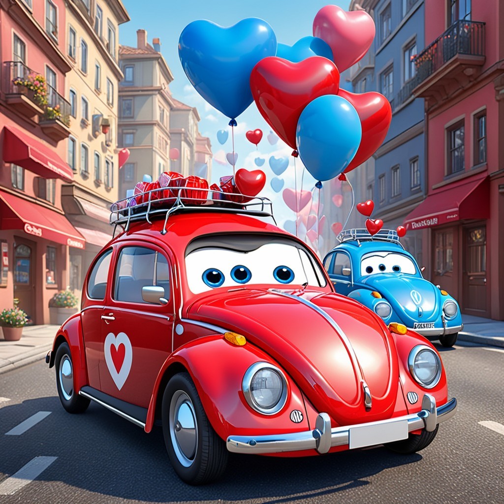 Cartoon-Style Red Volkswagen Beetle with Heart Balloons