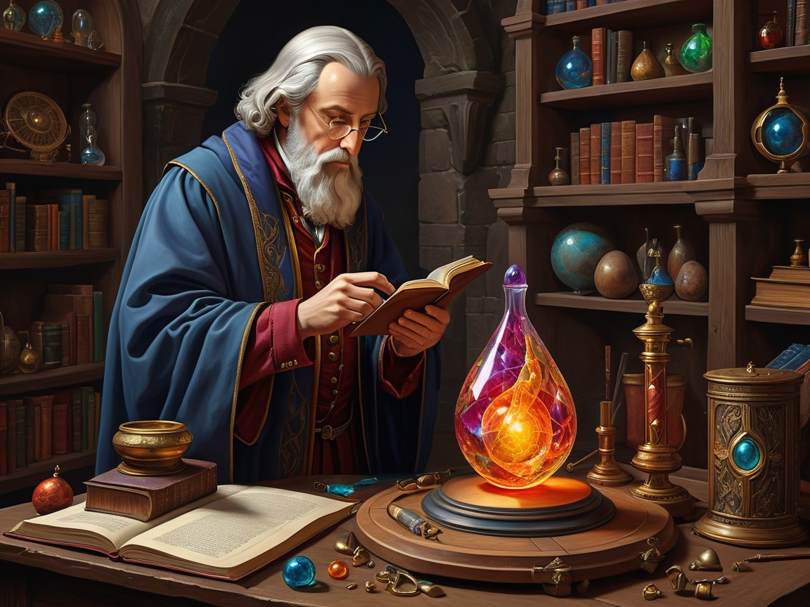 Old Wizard in Study with Ancient Books and Artifacts