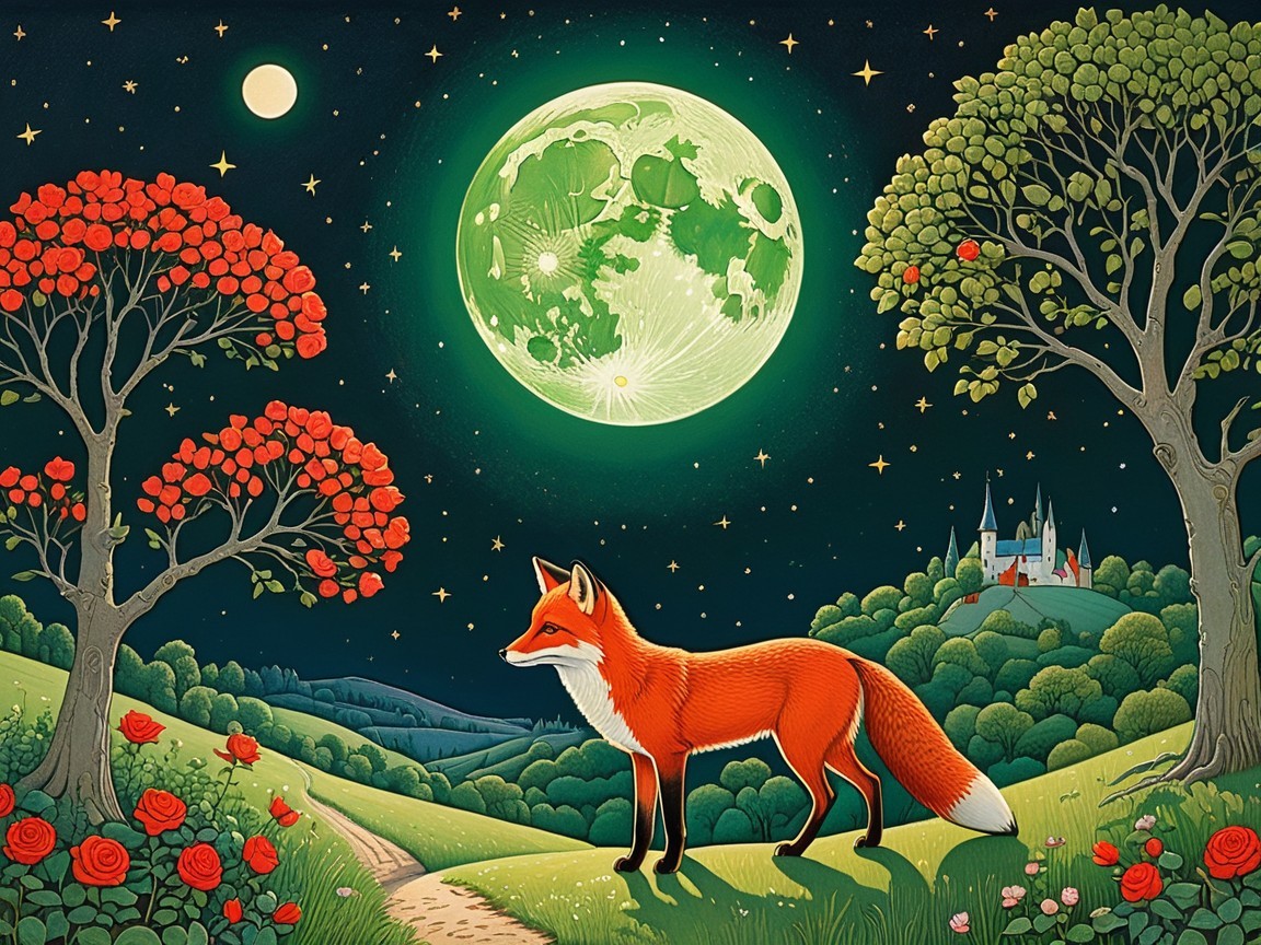 Majestic fox in a vibrant landscape with glowing moon
