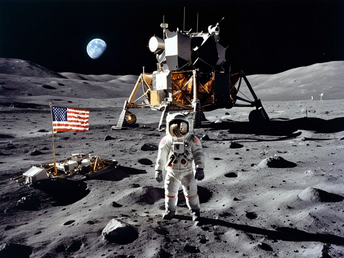 Astronaut on Lunar Surface with Earth in Background