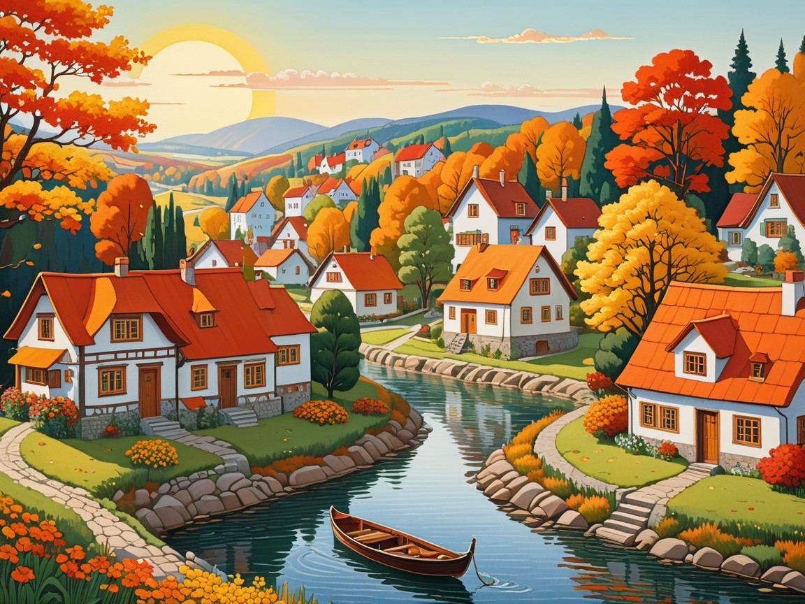 Serene Autumn Landscape with Charming Houses and River