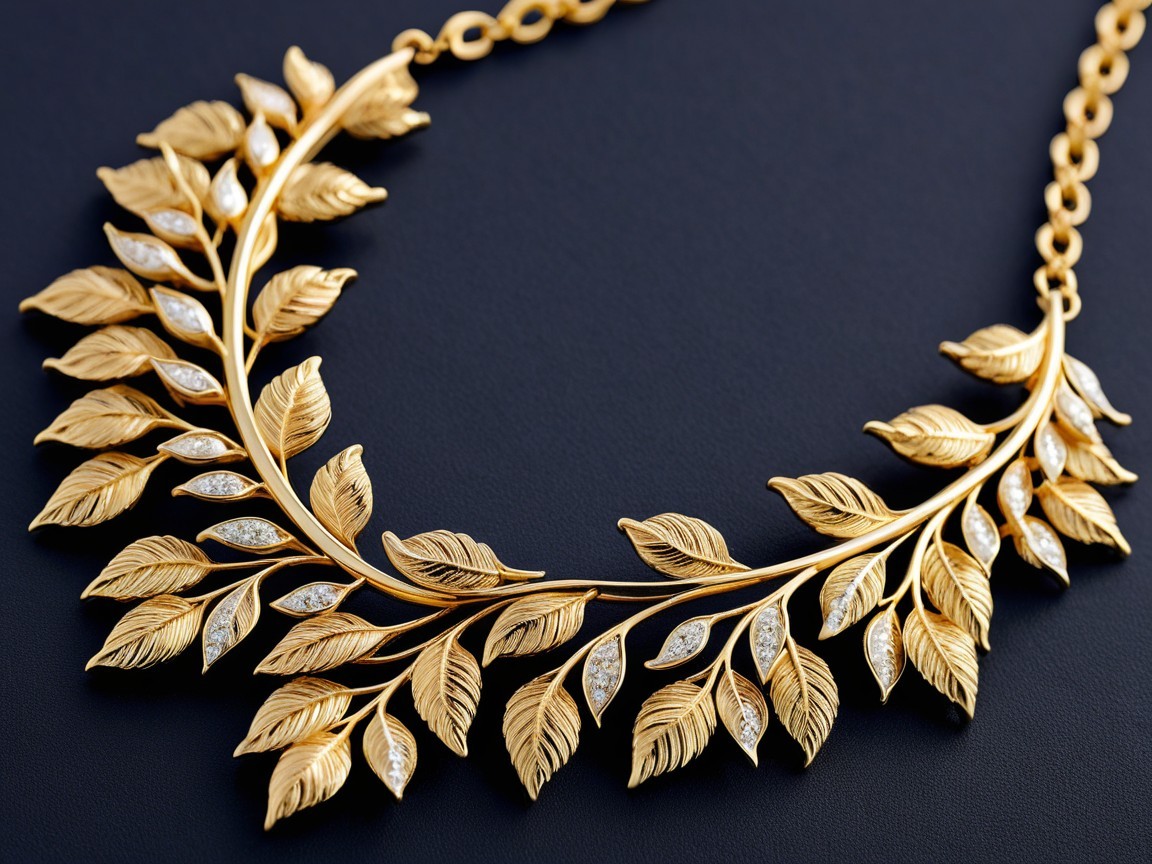 Gold Leaf Necklace with Diamond Accents and Elegance