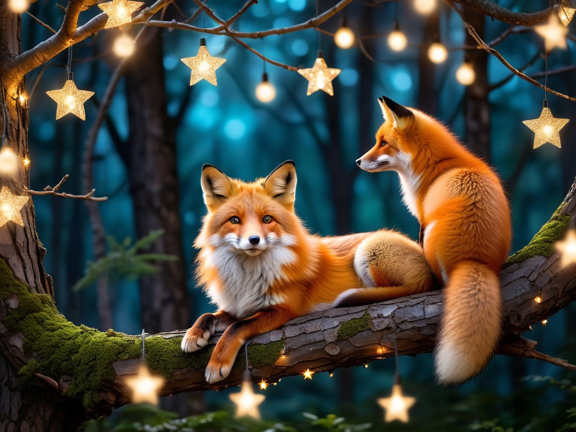Foxes in a Serene Enchanted Forest at Night