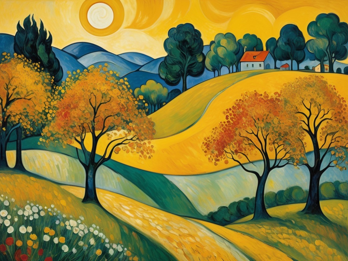 Vibrant Autumn Landscape with Rolling Hills and Village