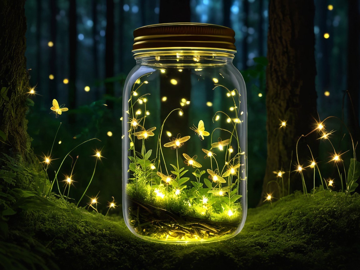 Magical Fireflies in a Glass Jar with Forest Backdrop