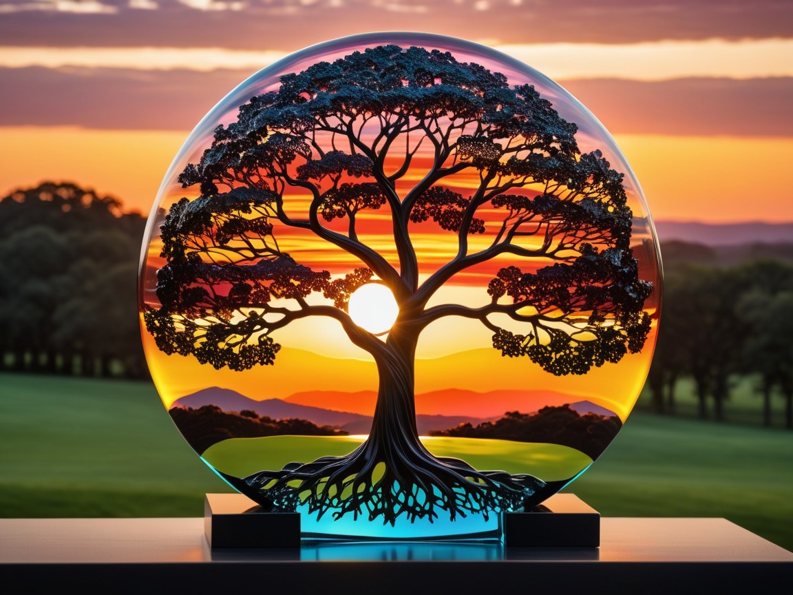 Glass Sculpture of a Majestic Tree at Sunset