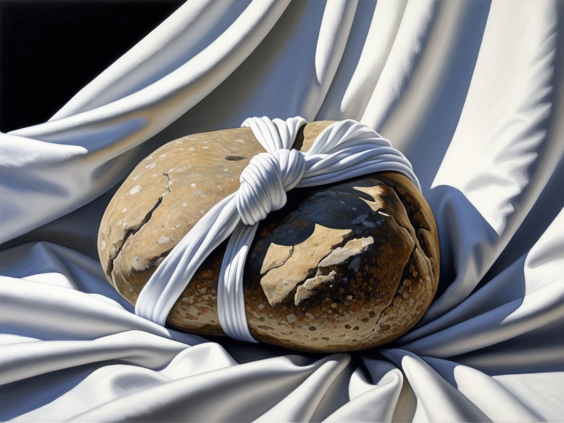 Still Life of Textured Rock Wrapped in White Fabric