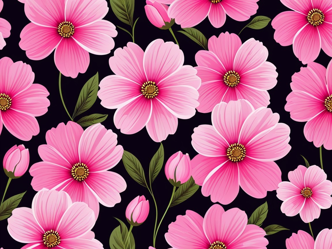 Vibrant Floral Pattern with Pink Blossoms on Black Background