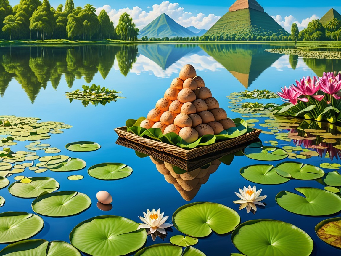 Serene landscape with lake, pyramids, and vibrant eggs