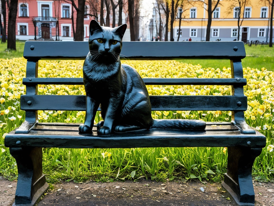Black Cat Statue on Dark Green Park Bench in Flower Field