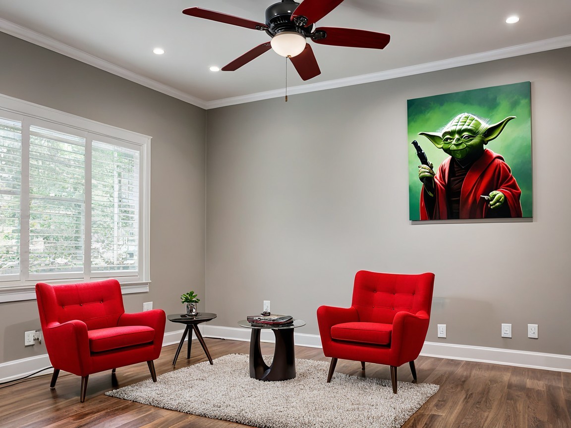 Modern Living Room with Red Armchairs and Artwork