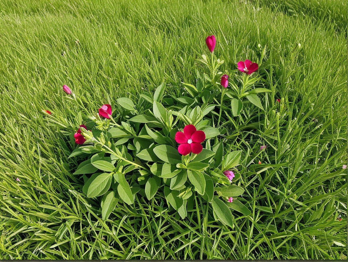 Vibrant Pink Flowers in Lush Green Grass Field