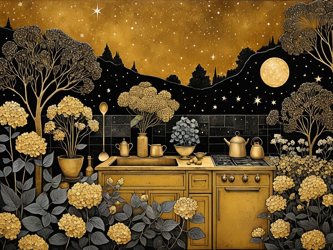 Whimsical Dark Fantasy Kitchen Illustration with Gold Accents