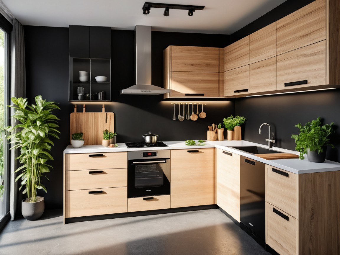 Modern Kitchen with Wooden Cabinetry and Black Accents