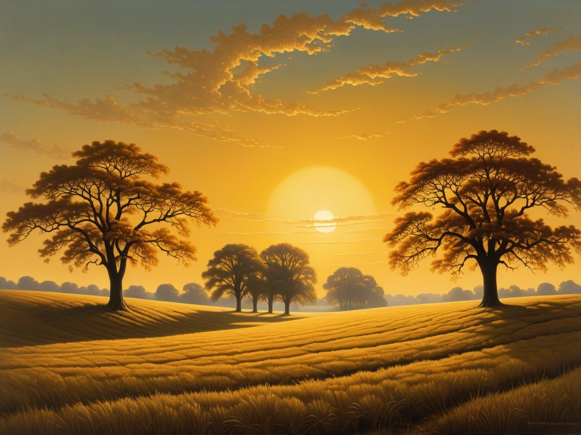 Vibrant Sunset Over Golden Field with Solitary Trees