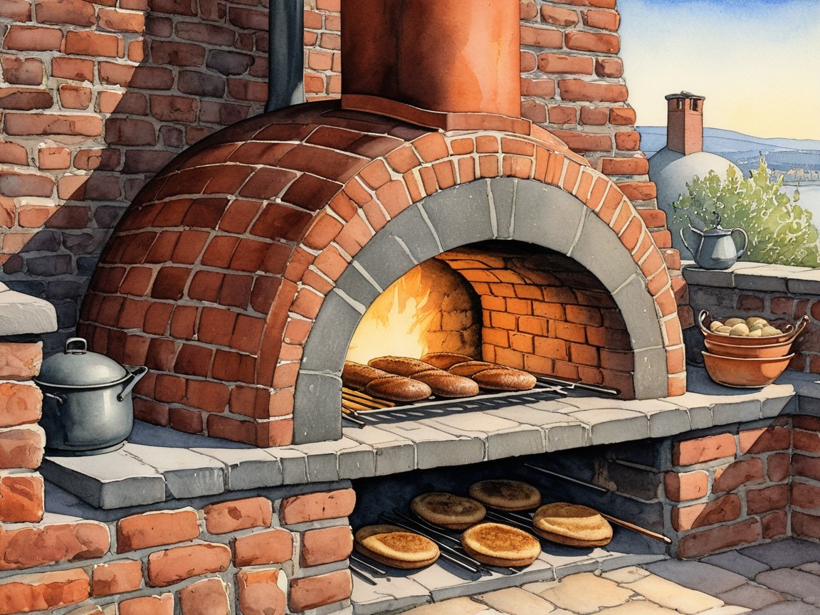 Rustic Brick Oven Scene with Bread and Distant Town