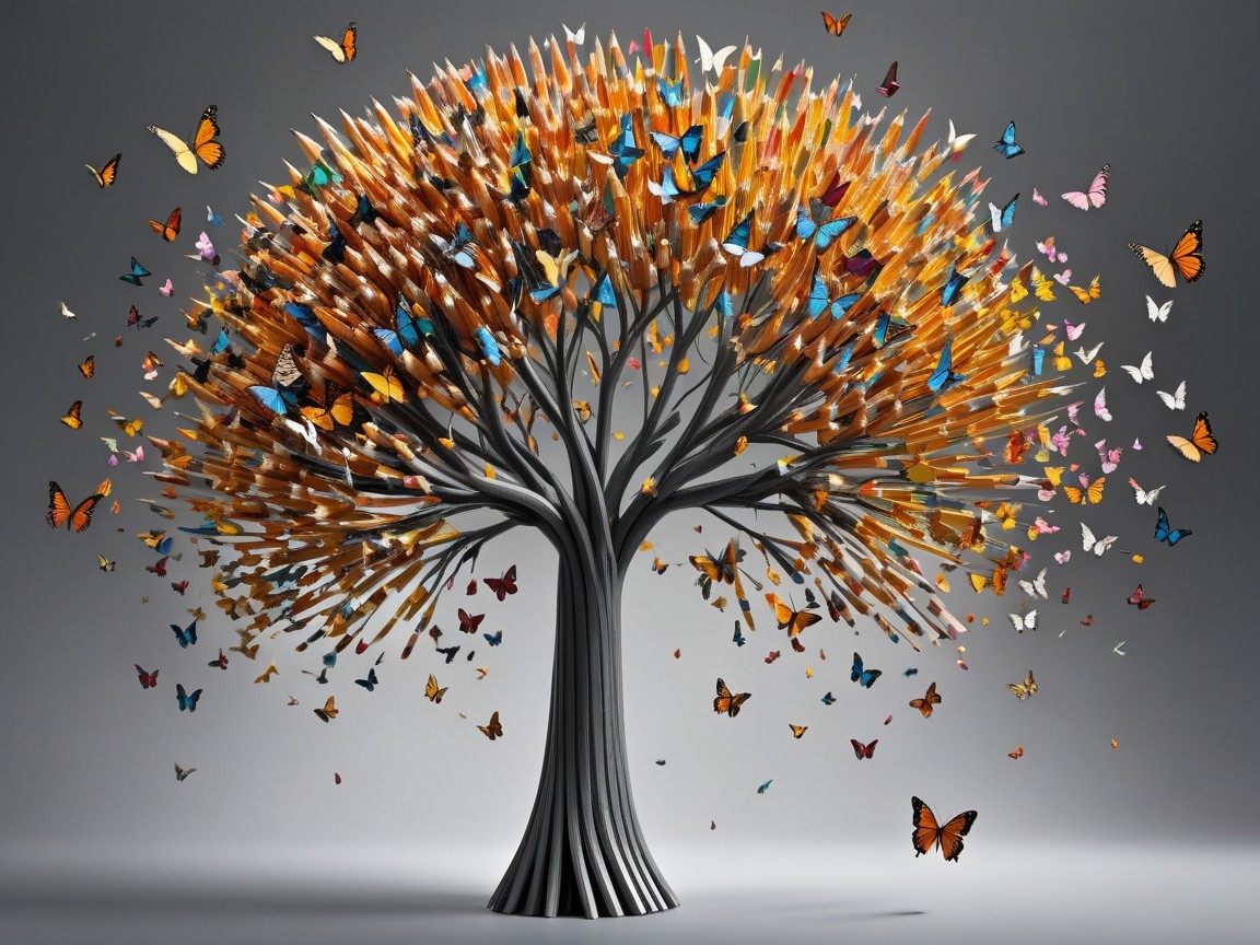 Colorful Pencil Tree with Butterflies in Soft Light