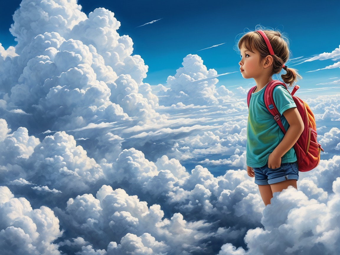 Young girl in clouds with blue shirt and red backpack