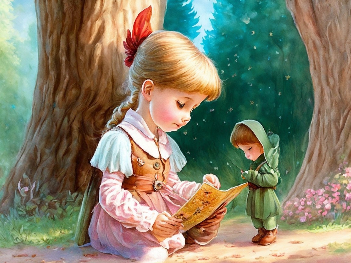 Young girl reading under a tree in a forest setting