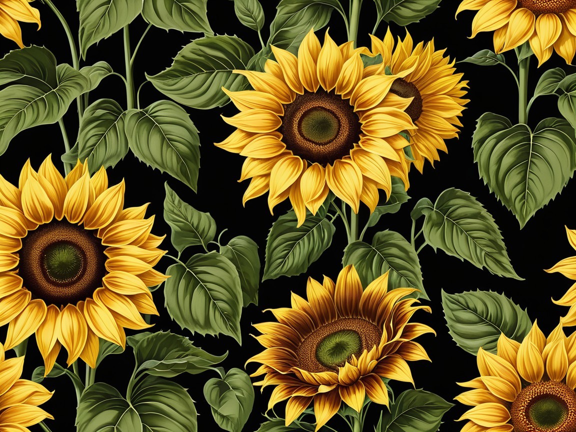 Blooming Sunflowers Pattern on Black Background
