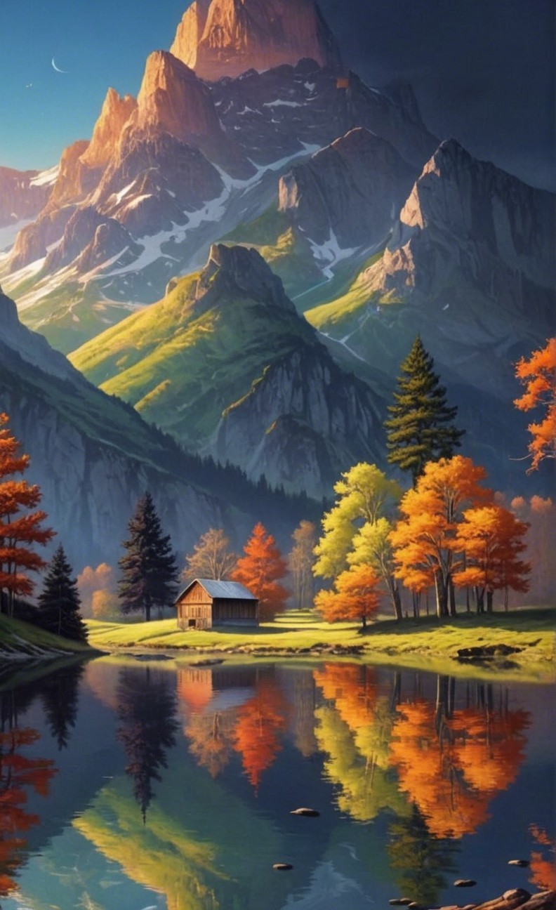 Rustic Cabin by Tranquil Lake in Autumn Landscape