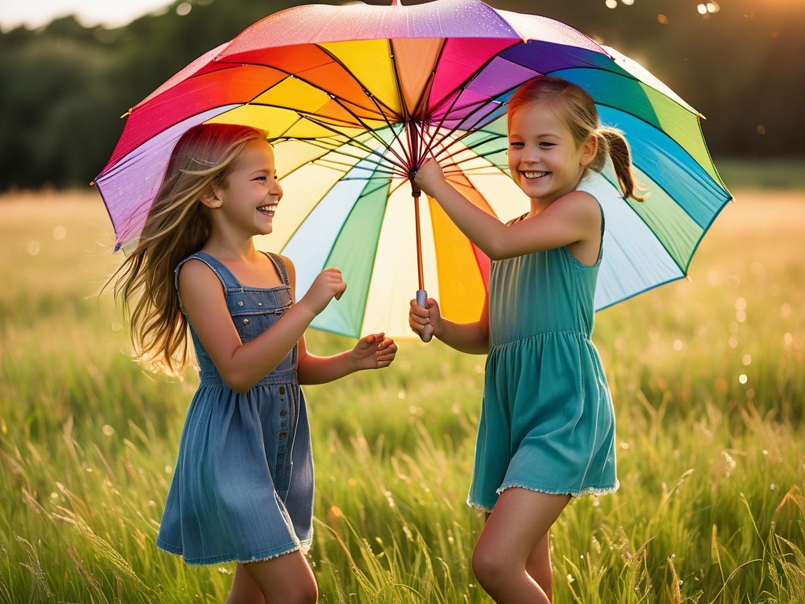 Young girls with umbrella in sunlit field setting