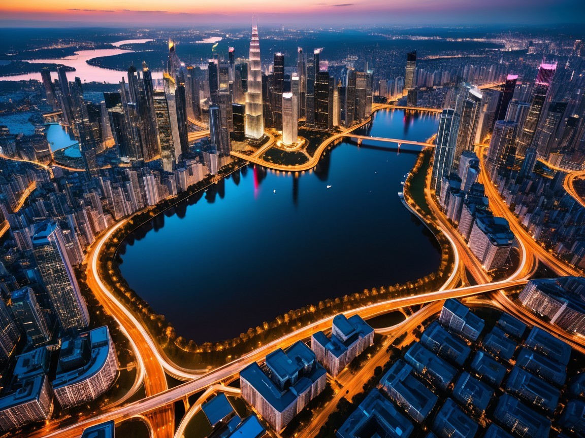 Aerial View of Urban Skyline at Sunset with Lake