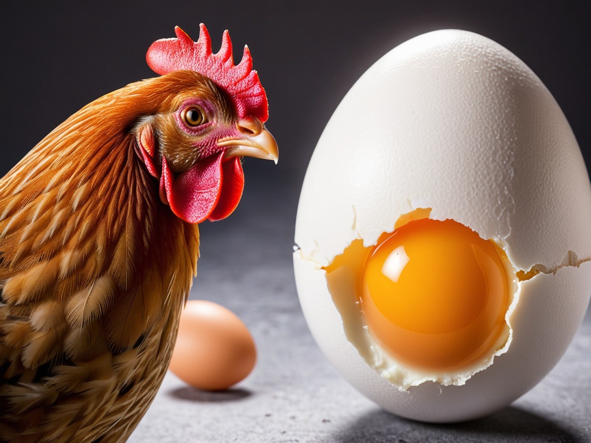 Brown Hen and Cracked White Egg with Yellow Yolk