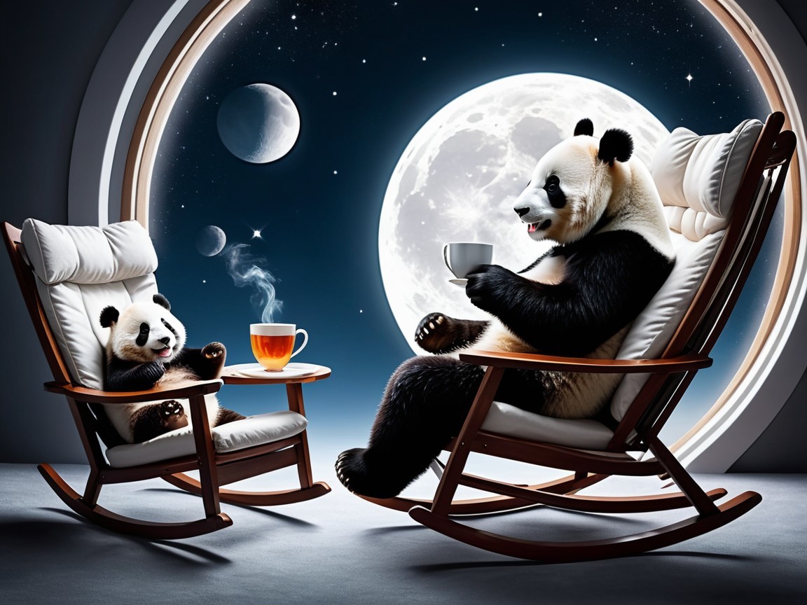 Pandas Relaxing in Rocking Chairs Under Celestial Sky