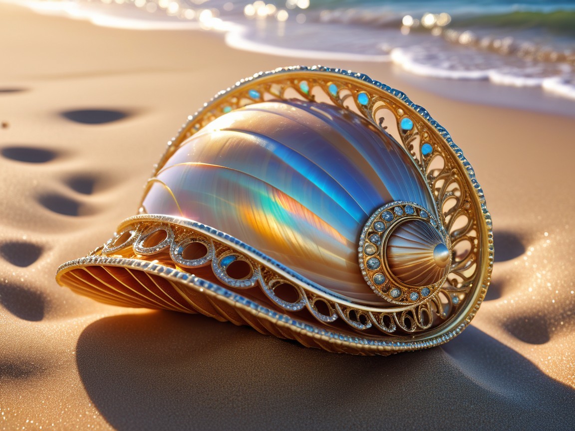 Ornate seashell with iridescent colors on sandy beach