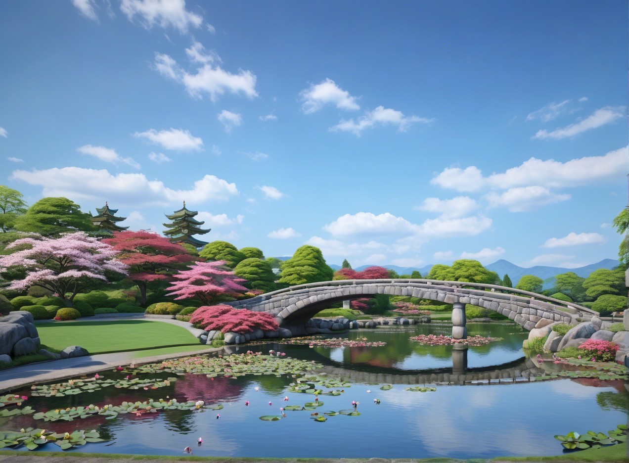 Bright Japanese Garden with Water and Pagodas