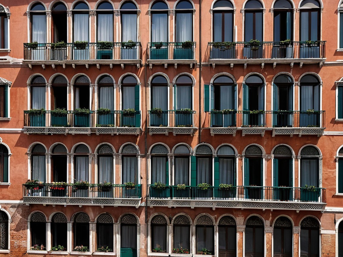 Architectural Facade with Arched Windows and Balconies