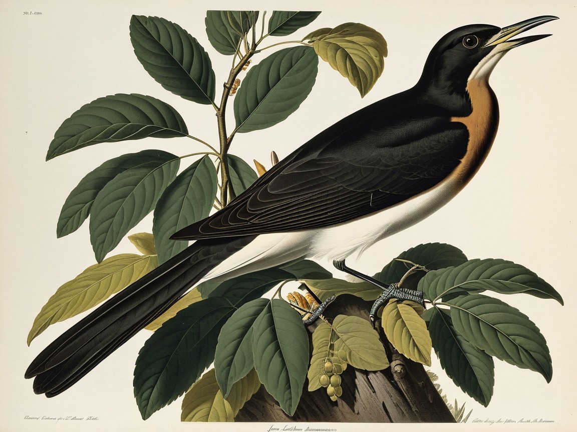Illustration of a Bird on a Branch with Green Leaves
