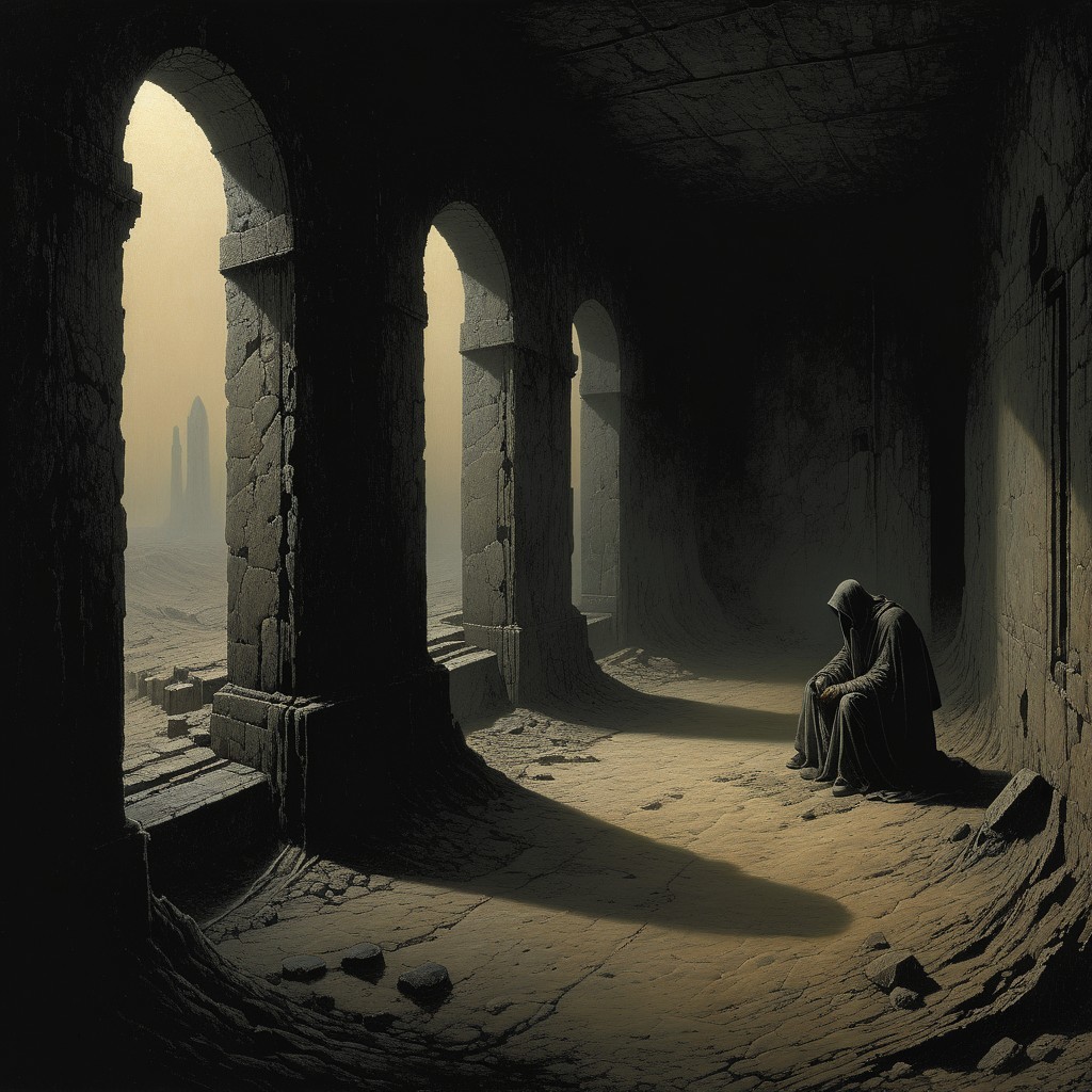 Cloaked Figure in Dimly Lit Crumbling Architecture