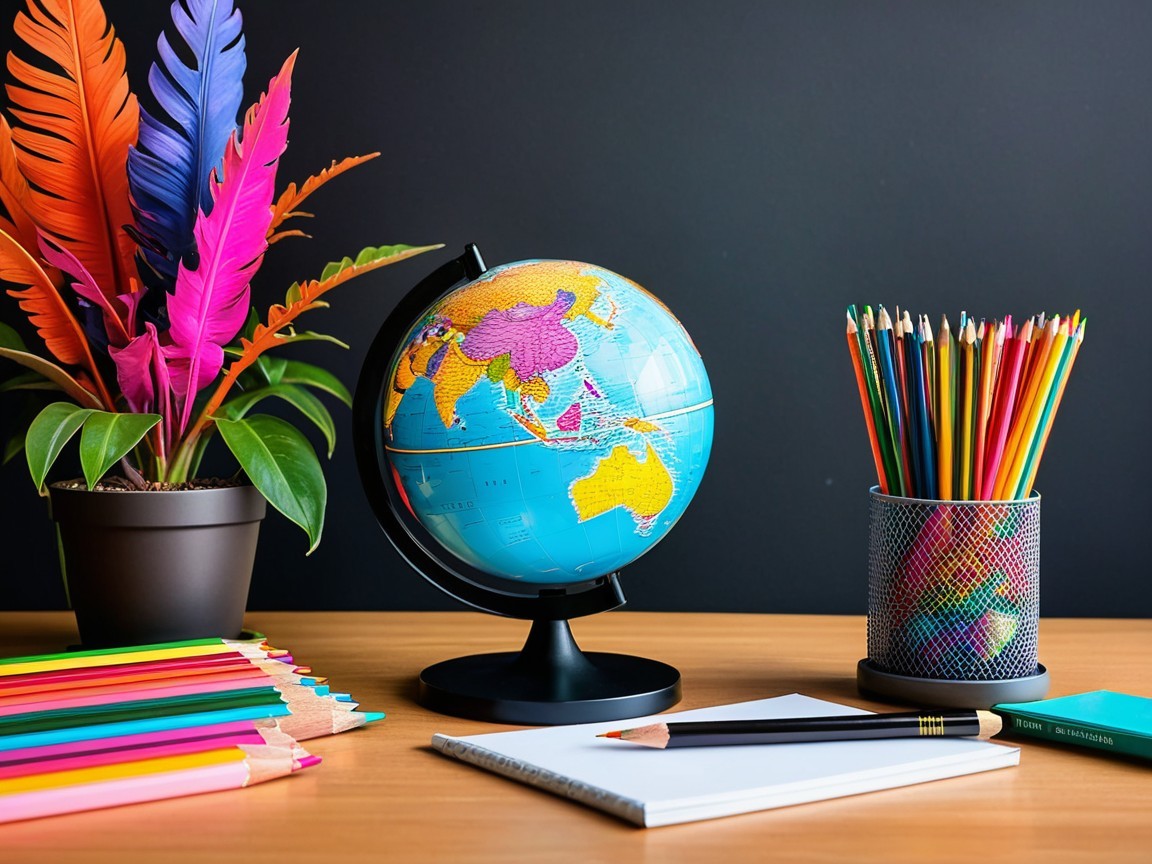 Vibrant Workspace with Globe, Plants, and Art Supplies