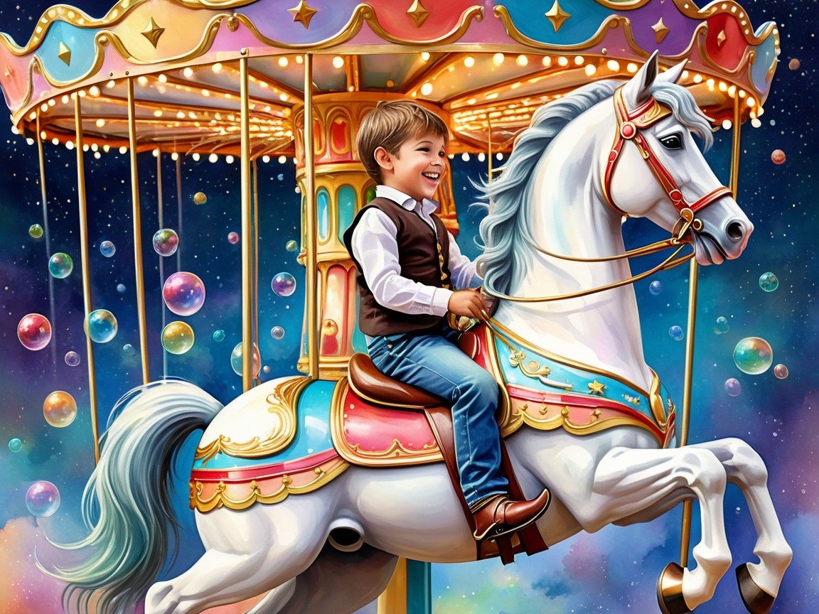 Young boy on a colorful carousel horse in space scene