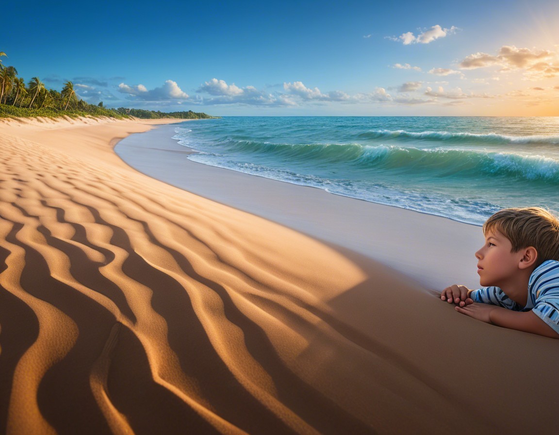 Boy on Beach at Sunset with Ocean Waves and Palms