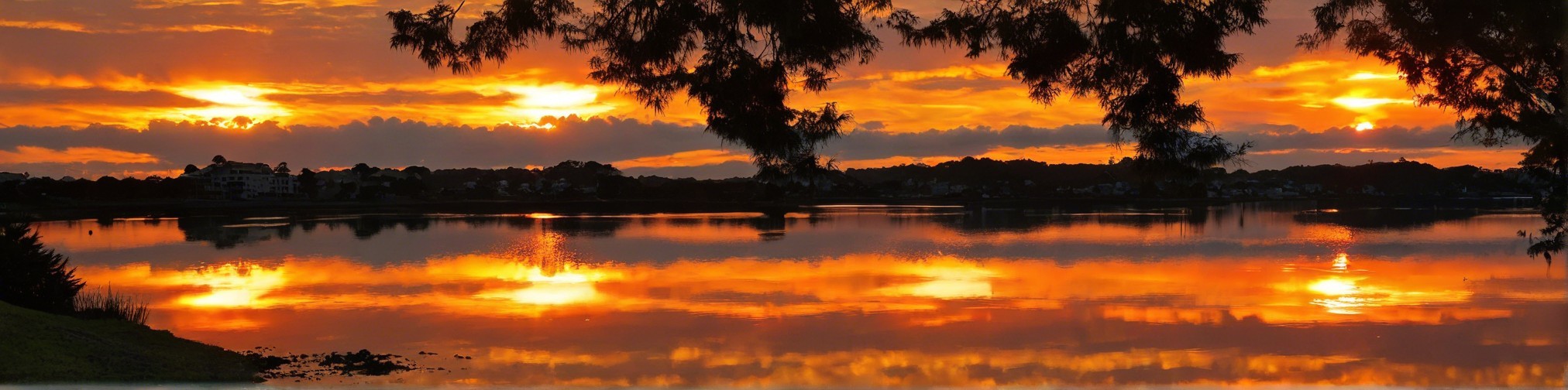 Vibrant Sunset Over Tranquil Lake with Silhouetted Trees