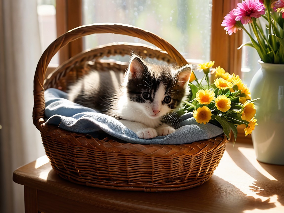 Fluffy Black and White Kitten in Sunlit Room
