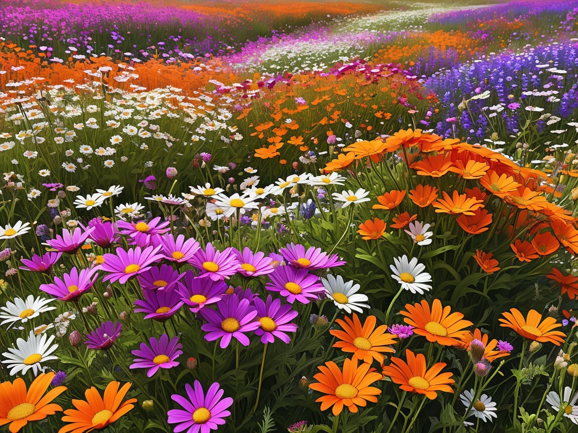 Vibrant Field of Colorful Flowers Under Clear Sky