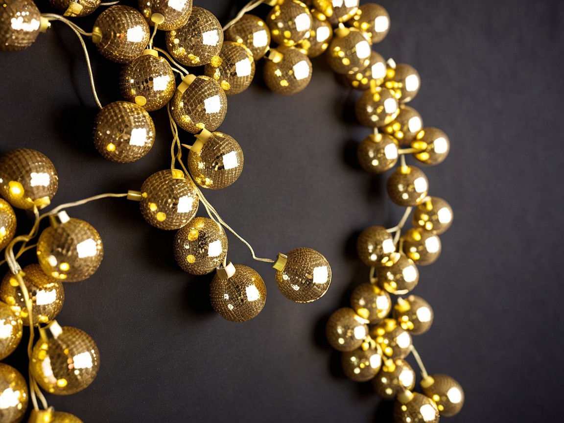 Close-Up of Golden Disco Ball Lights on Black Background