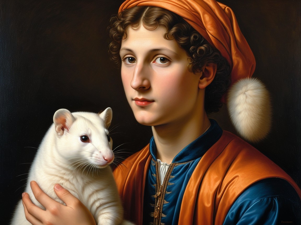Young Person in Colorful Outfit Holding a Ferret