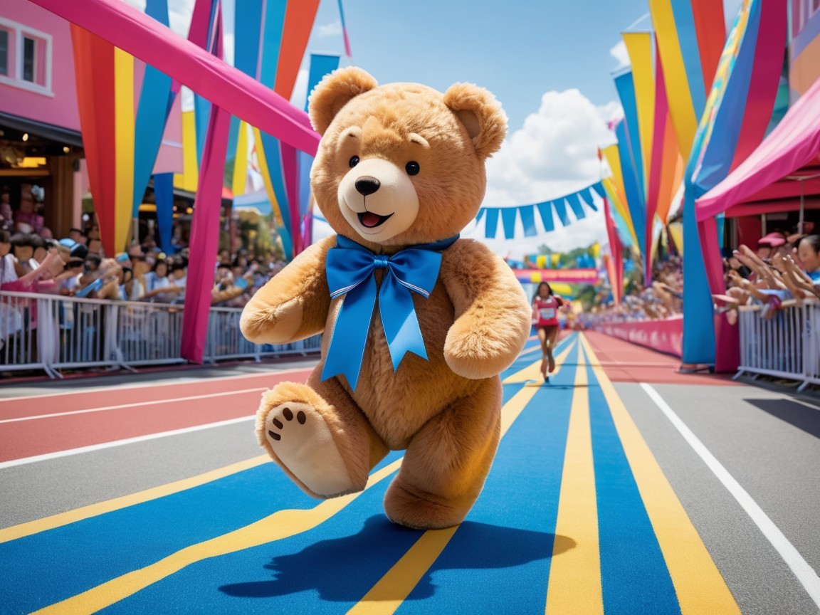 Cheerful Teddy Bear Racing on Colorful Track
